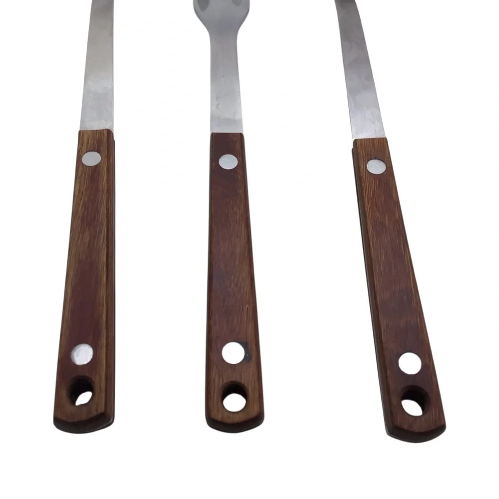 Vintage Japan Stainless Steel 3 Pc Serving Set Wood Handle Spoon Fork Utensils